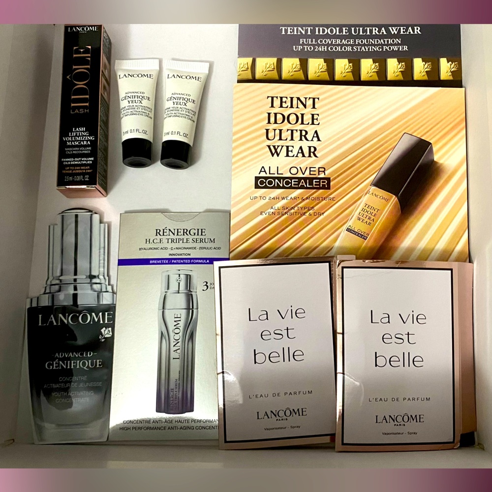 Lancome bundle (concealer, foundation, lash mascara, skincare, la vie est belle